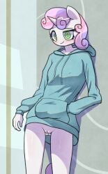 anthro blush bottomless clothed clothing equid equine female friendship_is_magic genitals hand_in_pocket hasbro hi_res hoodie hoodie_only horn leaning_on_wall looking_at_viewer mammal my_little_pony nipple_outline pockets pussy solo sweetie_belle_(mlp) t.f.a.n.c.s. topwear topwear_only unicorn