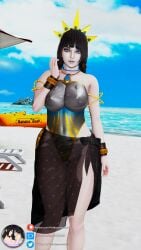 1girls 3d alternate_costume armlet arthurian_legends beach beauty_mark black_hair blue_eyes bracelet braid braided_hair breasts clothed crown eyeshadow hi-rez_studios honey_select honey_select_2 human large_breasts morgan_le_fay_(smite) necklace sea seaside skirt smite solo standing summer summer_eclipse_morgan_le_fay theobscureone tiara wide_hips