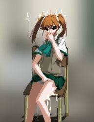 1girls 2023 anothernullacc blush brown_hair female female_focus female_only fingering fingering_self green_eyes green_skirt masturbation nanase_(under_night_in-birth) pixel_art pixelated school_uniform schoolgirl schoolgirl_uniform style_emulation style_imitation style_parody under_night_in-birth