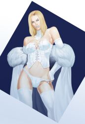 blonde_hair blue_eyes bob_cut cape choker corset emma_frost hourglass_figure laced_corset lingerie marvel marvel_comics navel panties pulling_down_panties pulling_panties white_lipstick white_queen x-men yedi