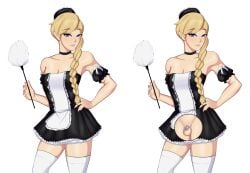 1boy blonde_hair blue_eyes braid braided_ponytail brynn_the_cleric chastity chastity_cage chastity_device dungeons_and_dragons elf femboy gelatomusume half_elf maid maid_headdress maid_outfit maid_uniform male male_only partially_clothed sissy small_penis solo thighhighs twink uniform white_skin world_of_warcraft x-ray