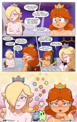 2girls breasts comic crazee_dayzee dialogue english_text female female_focus furboz luma mario_(series) multiple_girls niban-destikim nipples nude page_13 paper_mario princess_daisy princess_rosalina speech_bubble super_mario_bros. super_mario_galaxy text yuri