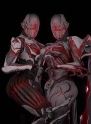 2girls ass breasts genderswap_(mtf) hips large_ass looking_at_viewer ozcg888 rule_63 simple_background stalker_acolytes thick_thighs thighs warframe