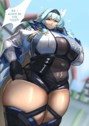 1girls 2023 absurd_res alterxsu blue_hair breasts chubby curvaceous curvy english english_text engrish eula_(genshin_impact) female female_focus genshin_impact hand_on_thigh hips huge_breasts huge_thighs looking_down overweight plump short_hair slightly_chubby solo solo_female solo_focus text thick_thighs thighs voluptuous wide_hips