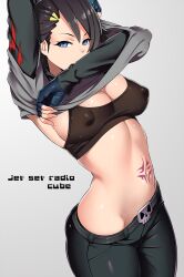 2016 breasts cleavage cube_(jsr) jet_set_radio midriff navel nipple_bulge nipples no_panties sports_bra stomach_tattoo streetwear tattoo zonda_(solid_air)