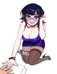 adjusting_hair artist_logo artist_name artist_signature blue_eyes blue_hair blush blushypixy blushyspicy cleavage clothed glasses implied_male mammal part_of_a_set vampire vampire_girl vampy_(blushypixy) vivian_(blushyspicy)