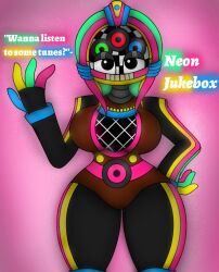 1girls animatronic big_breasts breasts english_text eyelashes five_nights_at_freddy's freddy_fazbear's_pizzeria_simulator neon neon_jukebox open_eyes rockstar_puppet_(artist)