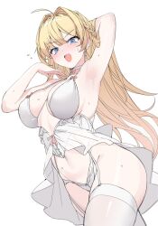 armpits blush character_request collared_dress embarrassed frilled_dress large_breasts revealing_clothes running skindentation thick_thighs thighhighs wide_hips zettai_ryouiki