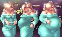 1girls belly_grab big_belly burping chubby chubby_female crown earrings fat full_lips mario_(series) metrack nintendo princess_rosalina sequence super_mario_galaxy tagme talking_to_self weight_gain