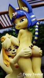 2girls 3d 3d_(artwork) 3d_model 4_fingers animal_crossing animal_crossing_new_leaf animal_ear_fluff animal_ears ankha ankha_(animal_crossing) ankha_(zy0n7) anthro ass blue_hair cat cat_ears cat_tail dopyteskat doubutsu_no_mori eyebrows_visible_through_hair female female_only grabbing_ass grabbing_from_behind highwizard isabelle_(animal_crossing) isabelle_(highwizard) medium_breasts nairu_(doubutsu_no_mori) nintendo pink_nipples red_eyes tail twitter watermark yellow_body yellow_fur yellow_hair yuri zy0n7