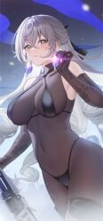 armwear bodystocking bodystocking_under_clothes bodysuit boots bronya_rand covered_navel earrings fukuro_ko_(greentea) hachifuku honkai:_star_rail honkai_(series) large_breasts navel revealing_clothes skindentation solo solo_focus thong_bikini