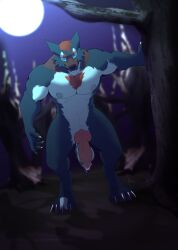 anthro balls big_balls big_penis canid canine canis claws erection full_moon fullbodywolf genitals glowing glowing_eyes hi_res hybrid_genitalia hybrid_penis knot male mammal moon muscular muscular_anthro muscular_male nipples nude pecs penis plant saggy_balls solo toe_claws tree wolf