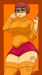 bob_cut brown_hair brunette_hair glasses halfeb_the_dingo hanna-barbera nerd nerdy_female pen scooby-doo short_hair short_skirt shortstack sweater thigh_highs thighhighs turtleneck velma_dinkley