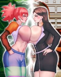 2girls absurd_res absurd_resolution absurdres bare_breasts bare_chest big_breasts blush breast-to-breast breast_frottage breast_press breasts breasts_out breasts_out_of_clothes breasts_outside breasts_press brown_hair brunette_hair busty busty_female capcom crossover earrings female female_only gyakuten_saiban hair_tied hands_in_pockets hands_on_hips hi_res high_resolution highres iroaya_madoi large_breasts lawyer long_hair long_sleeves luchidart mega_man mega_man_battle_network mia_fey mostly_clothed ms._madd open_blazer open_jacket open_topwear pink_hair scarf shirt_lift shirt_rolled_up shirt_up third-party_edit unzipped unzipped_jacket