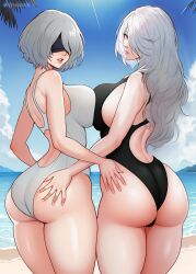 2d 2girls ai_generated android ass ass_grab back_view beach black_swimsuit blindfold blue_sky fakeshit female from_behind large_breasts light_skin long_hair looking_back nier:_automata robot_girl sand short_hair summer swimsuit white_hair white_swimsuit yorha_2b yorha_a2