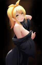 black_dress breasts female gibun_(sozoshu) hairband lemon_irvine looking_at_viewer mashle smile tongue_out yellow_eyes yellow_hair