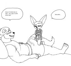 2023 4_toes 5_fingers anthro backwards_baseball_cap backwards_hat barefoot baseball_cap bear bernielover boxers_(clothing) bulge canid canine claws clothed clothing dialogue disney duo english_text erection erection_under_clothing feet fennec finger_claws fingers finnick fox gay grin hat headgear headwear hi_res hindpaw humanoid_hands lying male male/male male_only mammal monochrome on_back paws polar_bear size_difference smile speech_bubble teeth text toe_claws toes underwear ursine zootopia