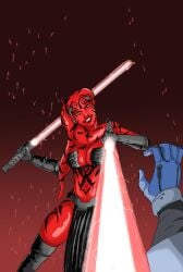 cleavage darth_talon female grin head_tilt lightsaber pov sith star_wars star_wars:_legacy tagme teeth twi'lek u23art weapon