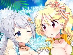 2girls artist_request bikini blonde_hair blue_eyes bra female female_only gray_hair hair_bun human lesbian_couple light-skinned_female light_skin long_hair magia_record:_mahou_shoujo_madoka_magica_gaiden mahou_shoujo_madoka_magica momoko_togame ponytail puella_magi_madoka_magica red_eyes silver_hair swimsuit togame_momoko yakumo_mitama young yuri