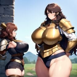 2girls ai_generated brown_hair brown_hair_female busty cute dwarf dwarf_female dwarf_queen_hezzel huge_breasts large_breasts looking_at_viewer massive_breasts nemus_waifu_generator pooplool queen royal_dwarves royalty tagme thick_female thick_thighs