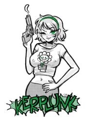 2d 2d_(artwork) 2d_artwork album_cover clothing color female firearm green_day green_eyes gun handgun human kerplunk_girl looking_at_viewer megrocks nipple_bulge pale_skin revolver skirt stomach stomach_piercing tagme weapon wink winking_at_viewer