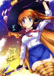 2023 black_gloves blue_skirt breasts brown_hair closed_mouth collared_shirt dated dress_shirt female fingerless_gloves floating_hair from_below gloves halloween halloween_costume hat long_hair lyrical_nanoha mahou_shoujo_lyrical_nanoha_vivid medium_breasts miniskirt neck_ribbon orange_thighhighs pencil_skirt purple_eyes purple_headwear raising_heart red_ribbon ribbon sacred_heart san-pon shirt side_ponytail side_slit skirt sleeves_rolled_up smile solo standing striped striped_thighhighs stuffed_animal stuffed_rabbit stuffed_toy takamachi_nanoha thighhighs tsab_air_military_uniform twitter_username white_shirt wing_collar witch_hat zettai_ryouiki