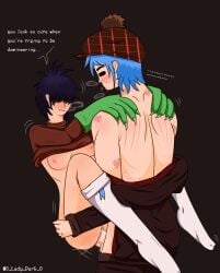 1boy 1boy1girl 2d_(gorillaz) bite_marks biting_lip black_hair blue_hair couple female fluffy_w gorillaz missionary_position noodle_(gorillaz) penetration scratches