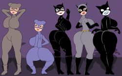 5girls ass batman:_the_animated_series batman_(series) batman_returns big_ass bodysuit cat_suit catwoman catwoman_(dcau) catwoman_(michelle_pfeiffer) dc dc_comics dcau female female_only furu_flami huge_ass huge_breasts multiple_girls selina_kyle square_crossover squatting the_new_batman_adventures thick_thighs white_eyes