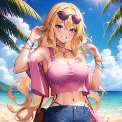 ai_generated beach big_breasts bimbo blonde_hair blue_eyes blush crop_top dumb_girl eyewear_on_head grin handbag hippie jean_shorts lucy_solana_(oc) ocean pink_shirt sand sunglasses sunglasses_on_head unstable_diffusion water wavy_hair