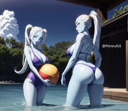 2girls ai_generated angel_(dragon_ball) back_view big_breasts big_butt breasts dragon_ball dragon_ball_super dragon_ball_z female female_only goddess kusu looking_at_viewer marcarita multiple_girls ponytail ponzuaji pool purple_eyes purple_swimsuit smiling_at_viewer swimsuit swimsuits thick_ass thick_thighs twintails vados volleyball voluptuous voluptuous_female white_hair