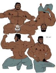 ass balls bara beard big_balls big_penis black_hair boner bulge closed_eyes cum cum_through_clothes erection erection_under_clothes facial_hair male male_only muscles muscular ne0_navi pants penis shirtless sitting solo solo_male spread_legs underwear