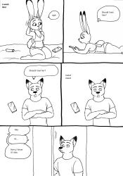 2023 5_fingers anthro ass barefoot bernielover bra breasts canid canine cellphone cleavage clothed clothing comic dialogue dildo disney duo english_text feet female fingers fox hi_res hindpaw humanoid_hands judy_hopps knocking lagomorph leporid lying male male/female mammal nick_wilde offscreen_character on_back on_front panties paws phone rabbit sex_toy smartphone speech_bubble teeth text toes underwear zootopia