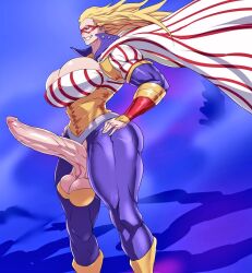 1futa artist_request ball_bra balls big_breasts blonde_hair boku_no_hero_academia breasts cape cathleen_bate clothed clothing erection futa_only futanari huge_balls huge_cock human light-skinned_futanari light_skin long_hair mostly_clothed muscular muscular_futanari my_hero_academia penis smiling solo standing star_and_stripe_(my_hero_academia) tenchizone thick_thighs wide_hips