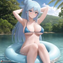 1girls ai_generated aqua_(konosuba) artist_logo artist_name belly big_breasts bikini bikini_top blue_eyes blue_hair breasts female female_only floatie hands_behind_head kono_subarashii_sekai_ni_shukufuku_wo! looking_at_viewer smile smiling smiling_at_viewer stomach water watermark
