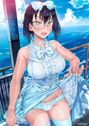 black_hair cameltoe dress_lift girls_und_panzer glasses kawashima_momo large_breasts looking_at_viewer norinco ocean panties short_hair standing sweat upskirt