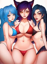 2d 3girls 9_tails ahri ai_generated bikini blue_eyes blue_hair breasts bursting_breasts facial_markings fakeshit female fit fox_ears horny jinx_(league_of_legends) large_breasts league_of_legends light-skinned_female light_skin long_hair markings medium_breasts miniskirt nine_tailed_fox purple_eyes sona_buvelle tattoos vastaya