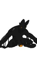 anthro black_body black_goo bloodsaw canid canine glowing glowing_eyes goo_creature gunsaw harkel3d hi_res humanoid latex male male/male mammal orange_eyes orange_tip slime solo transformation watermark