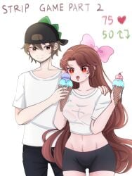 1boy 1girls alternate_version_available beard black_legwear black_yoga_pants blush bra_visible_through_clothes brown_eyes brown_hair cap cherry chibi_(chibipower) chibipower drooling heart-shaped_pupils heart_ornament heart_tattoo holding_shoulder ice_cream ice_cream_drip ice_cream_on_breasts kusakave kusakavede long_hair looking_at_food melting_ice_cream pink_ribbon red_eyes see-through strip_game sweat tongue_out virtual_youtuber vtuber white_shirt