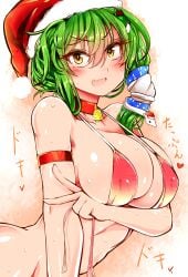 1girls bell blush breasts choker christmas cleavage frog_hair_ornament green_hair hair_tubes hat heart kochiya_sanae large_breasts nipples_visible_through_clothing open_mouth peace_sign roki_(hirokix) sanae_kochiya santa_hat snake_hair_ornament solo sweat top_only touhou v yellow_eyes