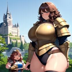 2girls ai_generated belt brown_hair brown_hair_female busty castle cute dwarf dwarf_female dwarf_queen_hezzel first_porn_of_character huge_breasts knight knight_girl large_breasts massive_breasts nemus_waifu_generator pooplool queen royal_dwarves royalty tagme thick_female thick_thighs