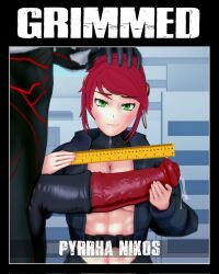 3d female green_eyes grimm_(rwby) grimmed human indrick_[artist] interspecies long_hair pale_skin pyrrha_nikos red_hair rwby shiny_hair shiny_skin tagme