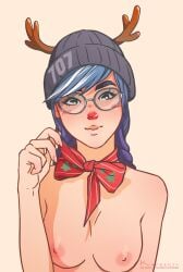 1girls artist_signature beanie black_eyes blue_hair blush breasts christmas_outfit dokkaebi_(rainbow_six) female_only glasses hat korezky light-skinned_female medium_breasts nipples nude rainbow_six_siege red_nose ribbon simple_background solo solo_female