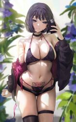 bed bob_cut breasts chela77 cleavage female grin indigo_eyes lingerie midriff perfect_body phone pubic_tattoo selfie short_hair smile succubus succubus_tattoo taking_selfie tattoo thighs underboob underwear