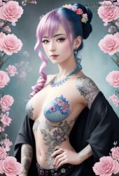 ai_generated anime_nose anime_style artist_name blue_hair boss color designer_clothing facepaint flower_in_hair flower_tattoo flowers game_cg game_character gift japanese japanese_clothes japanese_style kimono love lovers mafia make nude nude_female pink_hair skin smile stable_diffusion tattoo