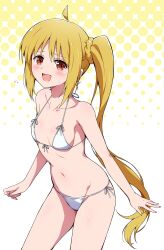 bikini blonde_hair blush blush_sticker bocchi_the_rock! eggman_(pixiv28975023) embarrassed ijichi_nijika looking_at_viewer simple_background small_breasts smile solo sweatdrop worried_expression yellow_theme