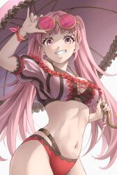 1girls alternate_costume belly_button bikini breasts cleavage eyewear_on_head female female_only fire_emblem fire_emblem:_three_houses fire_emblem_heroes frilled_umbrella frills hilda_valentine_goneril hilda_valentine_goneril_(summer) holding holding_umbrella large_breasts light-skinned_female light_skin long_hair looking_at_viewer navel nintendo off-shoulder_bikini off_shoulder official_alternate_costume parasol pink_bikini pink_eyes pink_hair pink_swimsuit smile solo sunglasses swimsuit ten_(tenchan_man) twintails umbrella