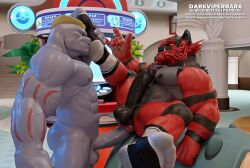 2boys 3d 3d_(artwork) anthro balls darkviperbara duo felid gay generation_1_pokemon generation_7_pokemon genitals humanoid incineroar machoke male male/male male_only mammal muscular muscular_anthro muscular_humanoid muscular_male nintendo nipples obliques penis pokemon pokemon_(species) serratus vein veiny_penis