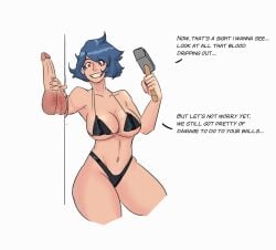 ballbusting big_breasts blue_hair breasts english_text femdom hammer lycansuart short_hair simple_background text thick_thighs thighs white_background