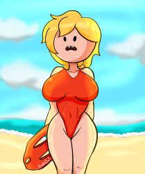 1girls adventure_time beach big_breasts blonde_female blonde_hair breasts clothing fcosg female fionna_and_cake fionna_the_human_girl frida69 human massive_breasts pale_skin public red_swimsuit rescue_buoy solo solo_female solo_focus swimsuit swimwear thick_thighs thighs