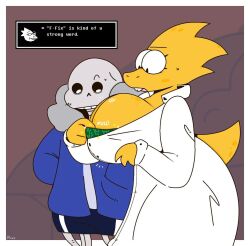 1boy 1girls 2d 2d_(artwork) 2d_artwork 4_fingers alphys blush breast_expansion breasts cleavage coat color couch dialogue dinosaur english english_dialogue english_text female flowerpax hoodie huge_breasts male paxxfront pulling sans scientist shorts skeleton tagme tail text undertale undertale_(series) watermark yellow_body